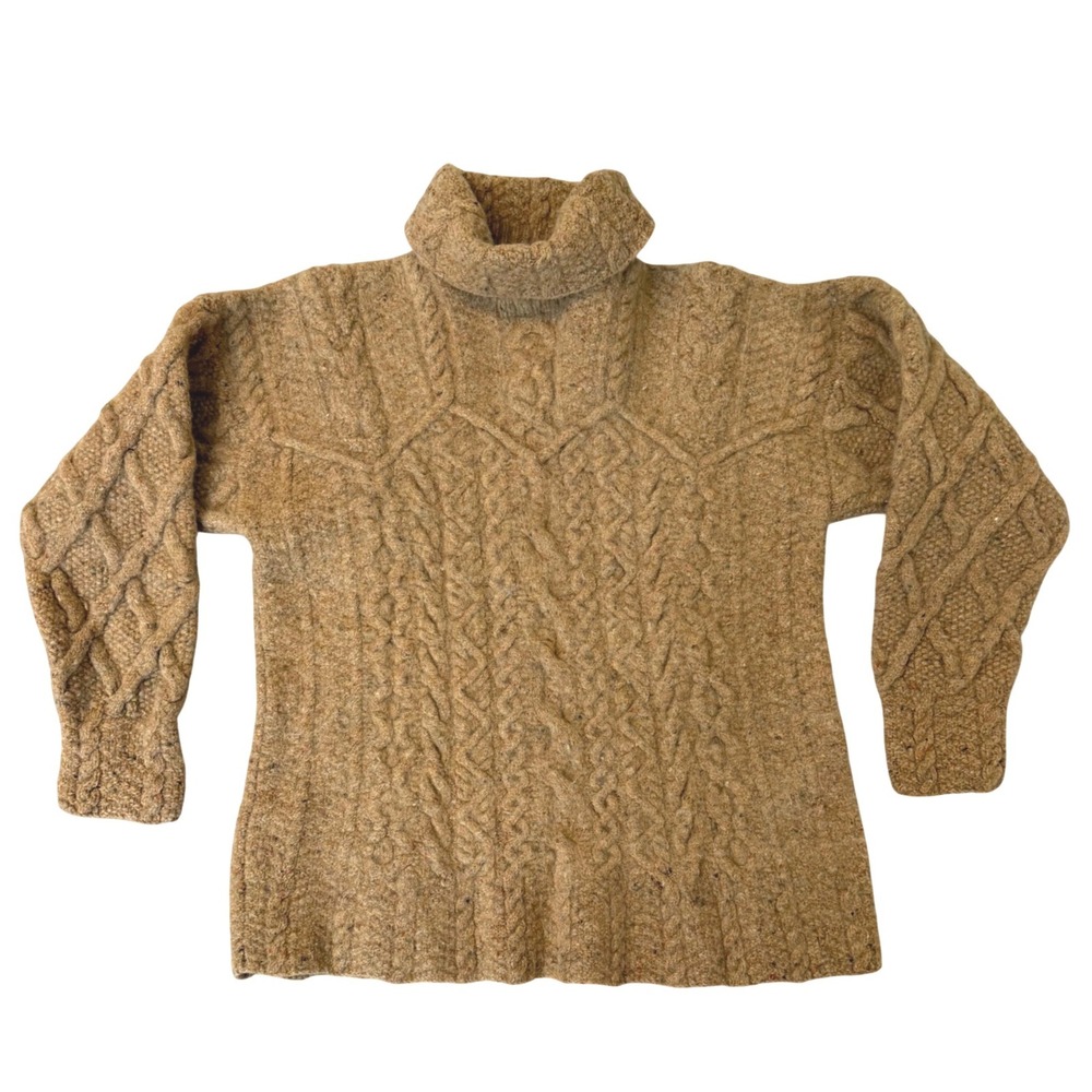 Laura Ashley Vintage Pure Wool Cable Knit Turtleneck Fisherman Sweater  Brown M